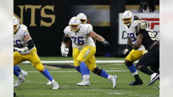 Former Chargers G Forrest Lamp (76) against the New Orleans Saints during a 2020 game. Credit: neworleanssaints.com